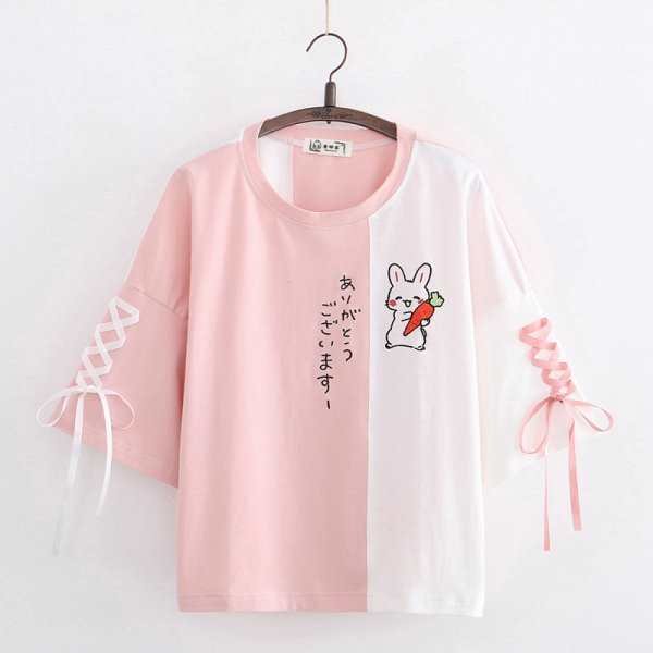 Simple Korean Version Of The Japanese Left And Right Color Matching Sleeves Ribbon Rabbit Short Sleeve T-shirt