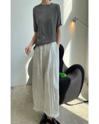 Summer New Korean Style Simple Stripe Short Sleeve T-Shirt Looks Thin And Loose