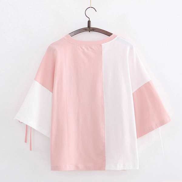 Simple Korean Version Of The Japanese Left And Right Color Matching Sleeves Ribbon Rabbit Short Sleeve T-shirt